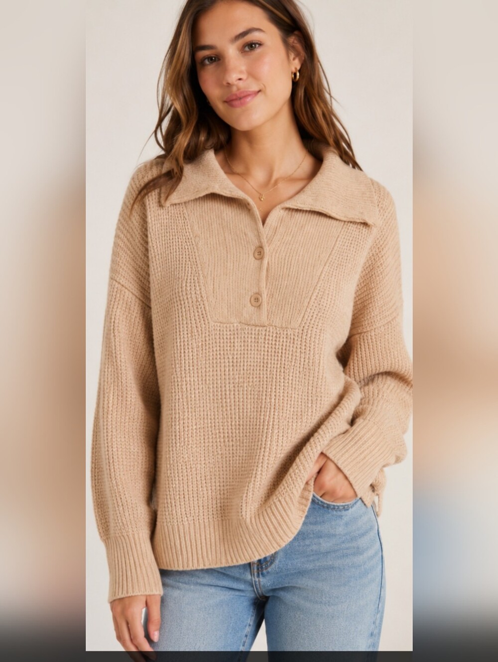 Aerie Oversized Waffle Knit Collared Sweater Beige Cozy Lounge Size Small New